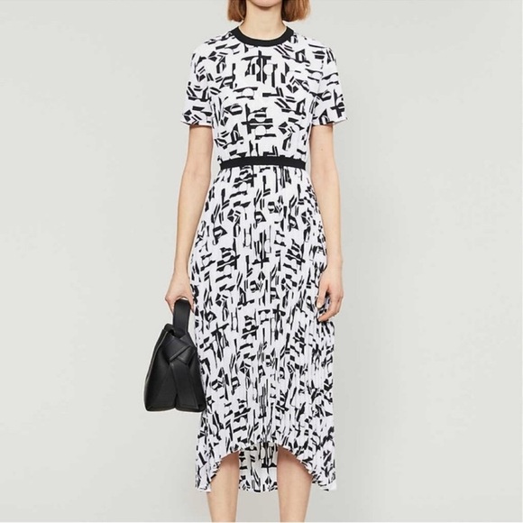 Maje White Black Rosyla Print Crew-Neck Pleated Skirt Crepe - Picture 1 of 5